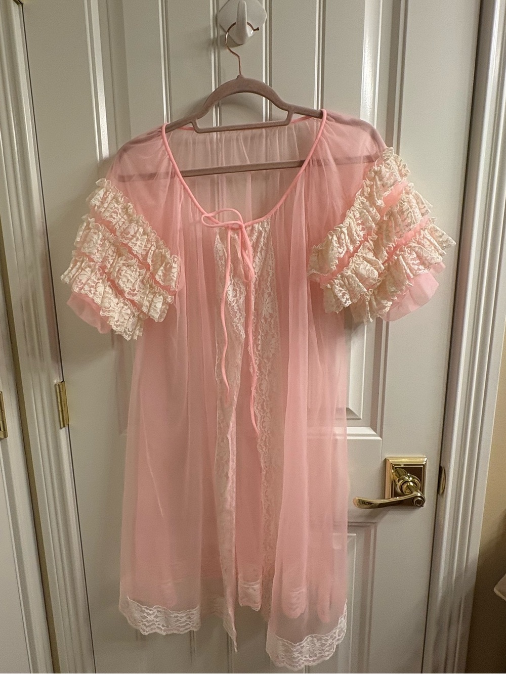 Vintage Pink Sheer Nylon Puff Ruffle Sleeve Lace Trim Babydoll Robe M 50’s Pinup